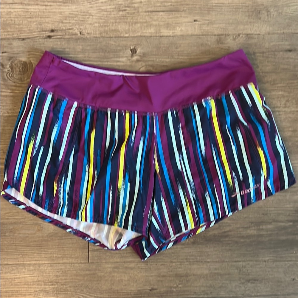 Brooks Purple and Blue Athletic Shorts with Dynamic Stripes